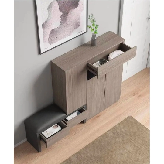 Tủ Giày Gỗ Công Nghiệp MDF Màu Nâu Vân Gỗ Có Ghế Ngồi