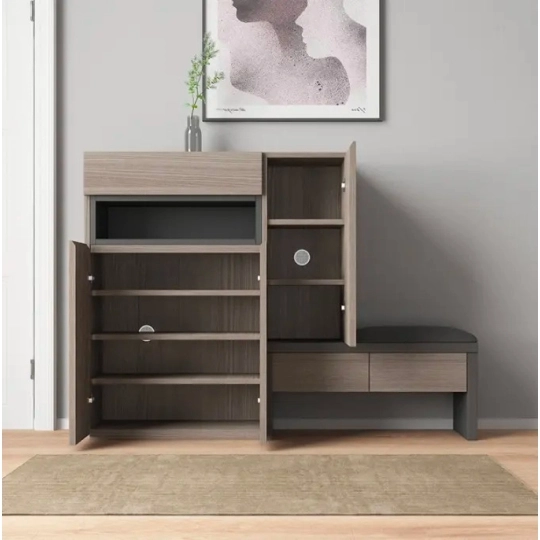 Tủ Giày Gỗ Công Nghiệp MDF Màu Nâu Vân Gỗ Có Ghế Ngồi
