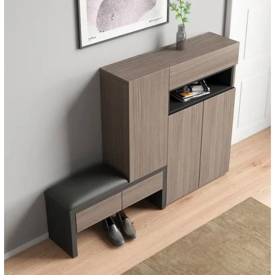 Tủ Giày Gỗ Công Nghiệp MDF Màu Nâu Vân Gỗ Có Ghế Ngồi