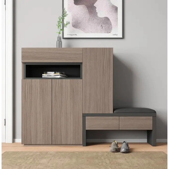 Tủ Giày Gỗ Công Nghiệp MDF Màu Nâu Vân Gỗ Có Ghế Ngồi