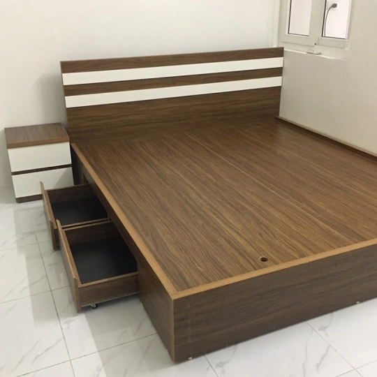 Giường Ngủ Gỗ Công Nghiệp Phối Sọc Trắng Có Ngăn Kéo