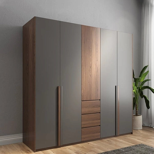 Tủ Quần Áo Gỗ MDF Cửa 4 Cánh Mở Màu Xám Phối Nâu Sang Trọng