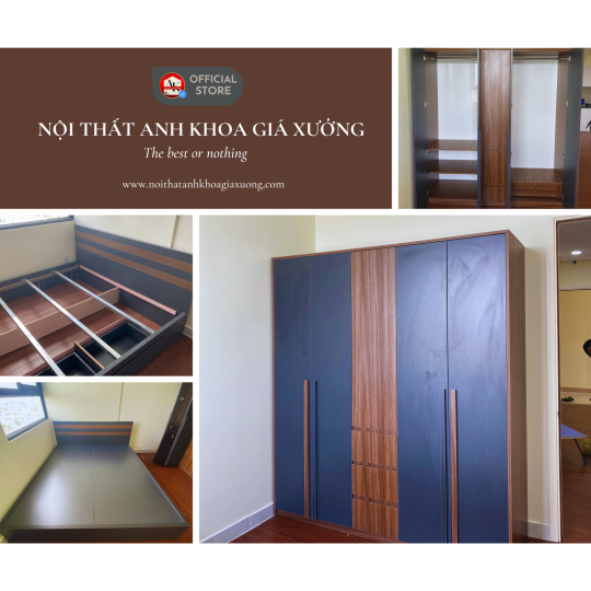 Tủ Quần Áo Gỗ MDF Cửa 4 Cánh Mở Màu Xám Phối Nâu Sang Trọng