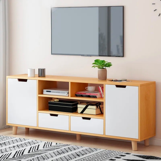 Kệ Tivi Hiện Đại, 6 Chân + 4 Hộc Màu Vàng Phối Trắng-TK005